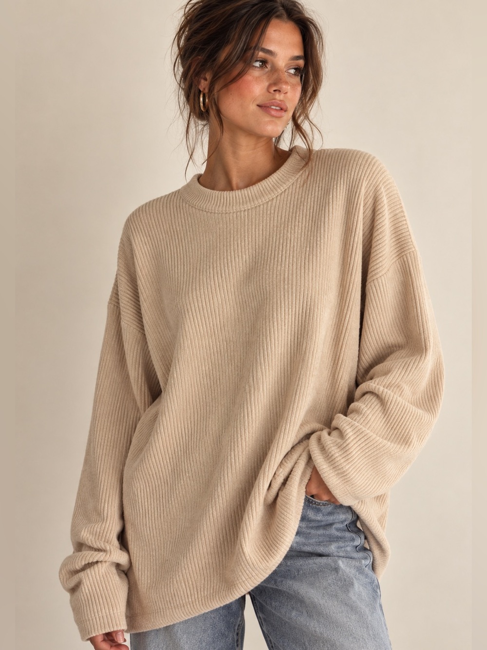 Vintage Oleg Cassini Silk Blend Ribbed Oversized Sweater Beige Quiet Luxury Sz L